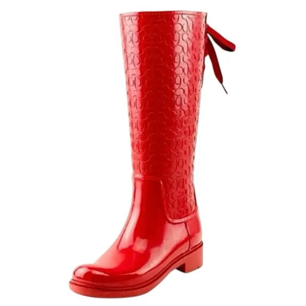 Coach Signature Women's Red Tie Back Rain Boots Size 7